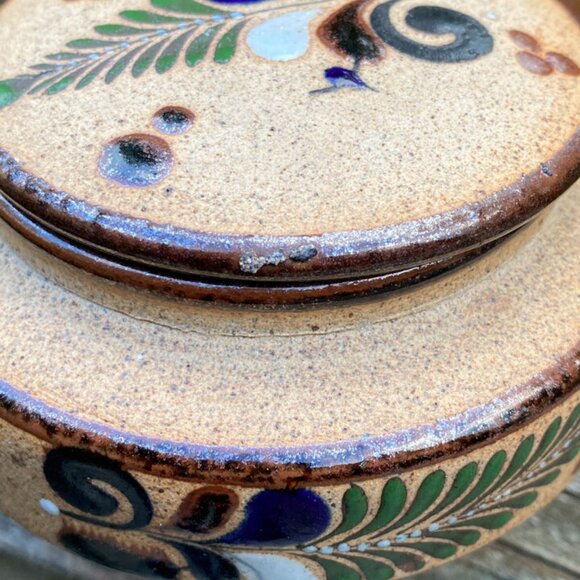 Pottery Hand Painted Mexican Stoneware Tonala Trinket Dish w/Lid Vintage - Picture 9 of 16